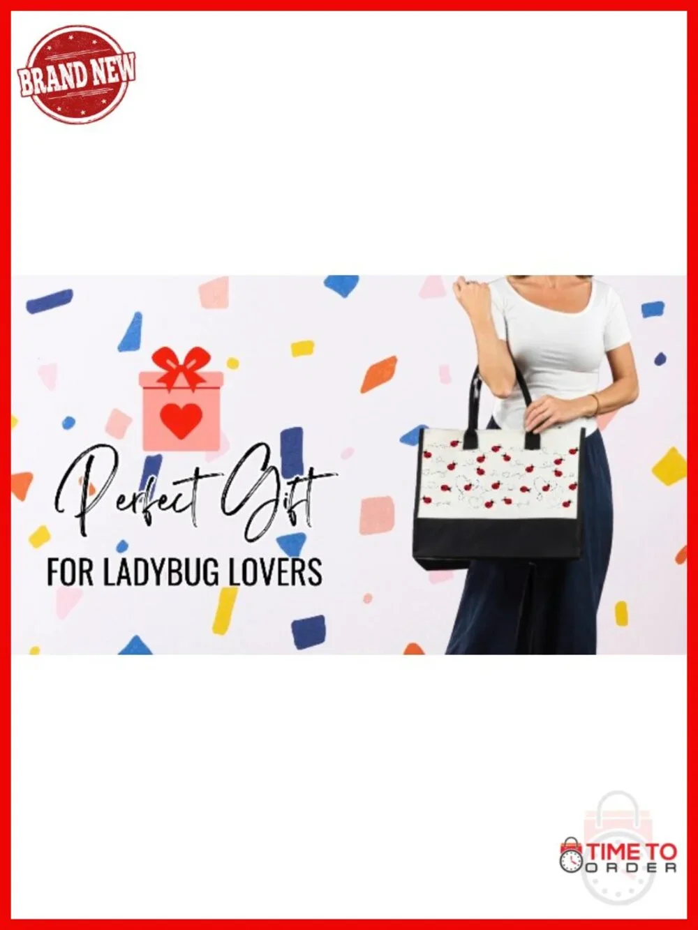 Canvas Tote Bag with Top Zipper and Shoulder Strap, Ladybug Pattern